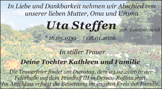 Traueranzeige von Uta Steffen von Trauerkombi Dessau