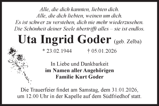 Traueranzeige von Uta Ingrid Goder von Volksstimme Magdeburg