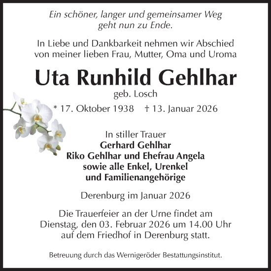 Traueranzeige von Uta Runhild Gehlhar von Volksstimme Wernigerode