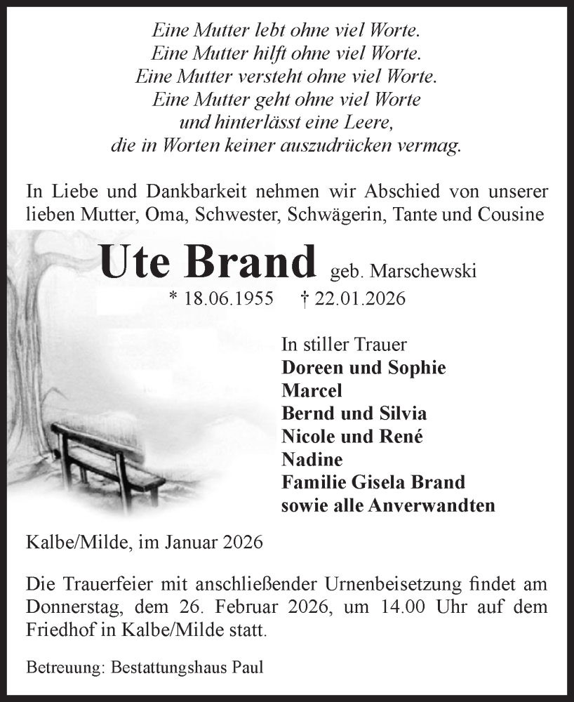  Traueranzeige für Ute Brand vom 31.01.2026 aus Volksstimme Altmark West