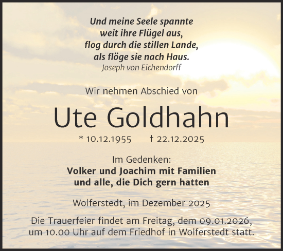Traueranzeige von Ute Goldhahn von Trauerkombi Sangerhausen