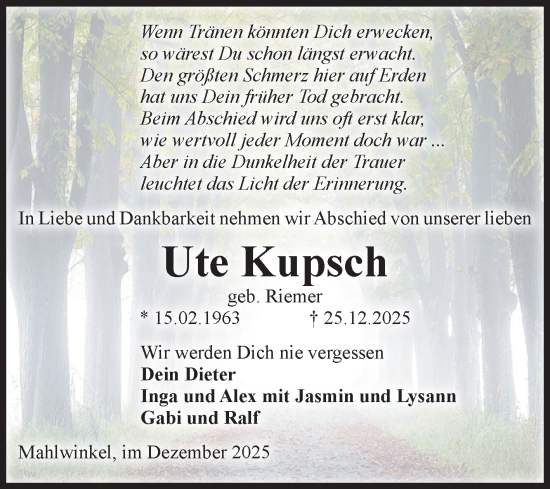 Traueranzeige von Ute Kupsch von Volksstimme Altmark Ost