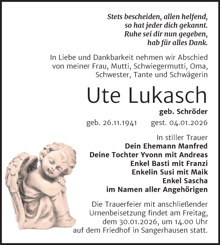  Traueranzeige für Ute Lukasch vom 24.01.2026 aus Trauerkombi Sangerhausen