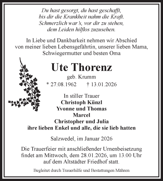 Traueranzeige von Ute Thorenz von Volksstimme Altmark West