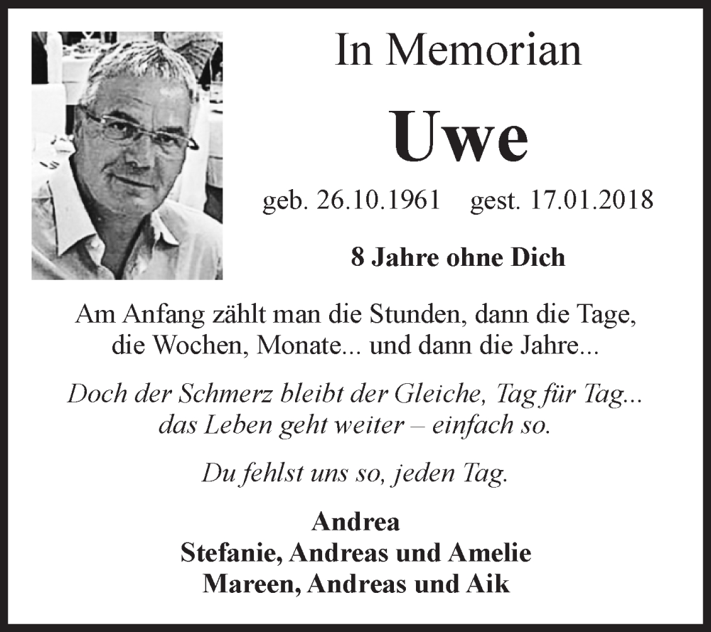  Traueranzeige für Uwe  vom 17.01.2026 aus Volksstimme Haldensleben/Wolmirstedt