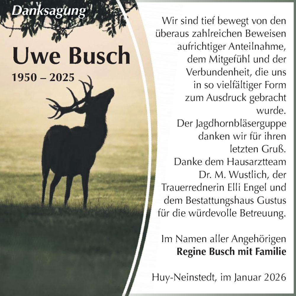  Traueranzeige für Uwe Busch vom 24.01.2026 aus Volksstimme Halberstadt