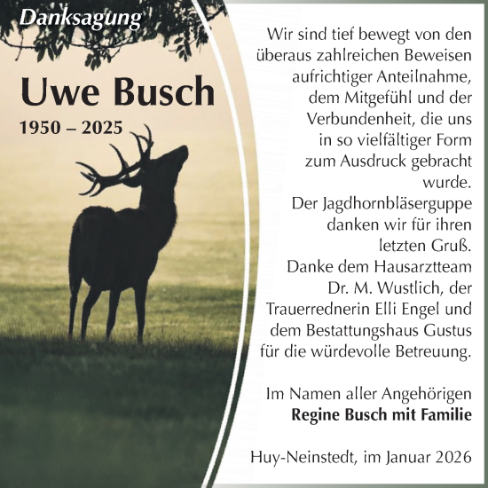 Traueranzeige von Uwe Busch von Volksstimme Halberstadt