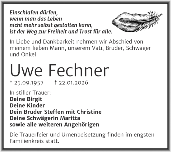 Traueranzeige von Uwe Fechner von Trauerkombi Mansfelder Land