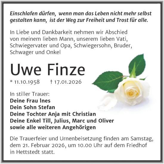 Traueranzeige von Uwe Finze von Trauerkombi Mansfelder Land