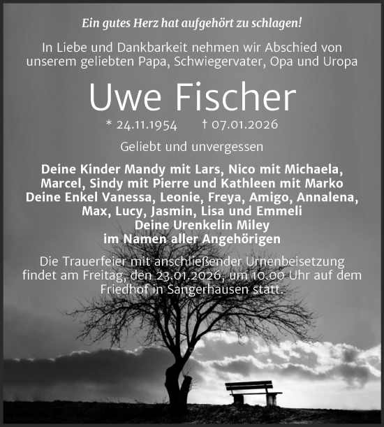 Traueranzeige von Uwe Fischer von Trauerkombi Sangerhausen