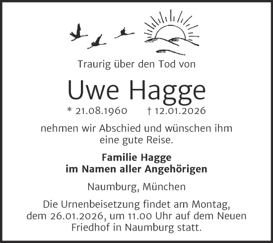 Traueranzeige von Uwe Hagge von Super Sonntag Naumburg/Nebra