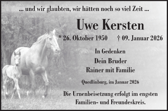 Traueranzeige von Uwe Kersten von Trauerkombi Quedlinburg