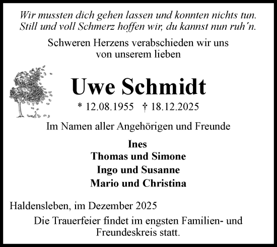 Traueranzeige von Uwe Schmidt von Volksstimme Haldensleben/Wolmirstedt