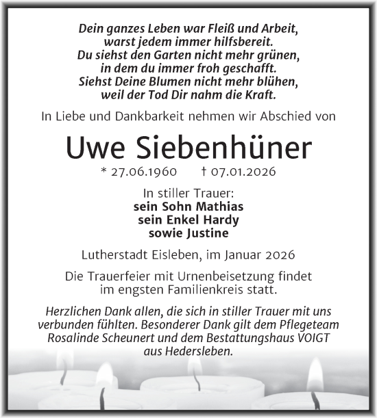 Traueranzeige von Uwe Siebenhüner von Trauerkombi Mansfelder Land