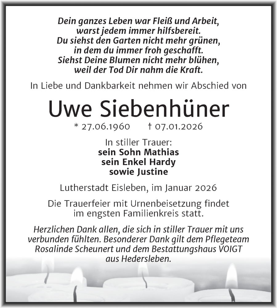  Traueranzeige für Uwe Siebenhüner vom 17.01.2026 aus Trauerkombi Mansfelder Land