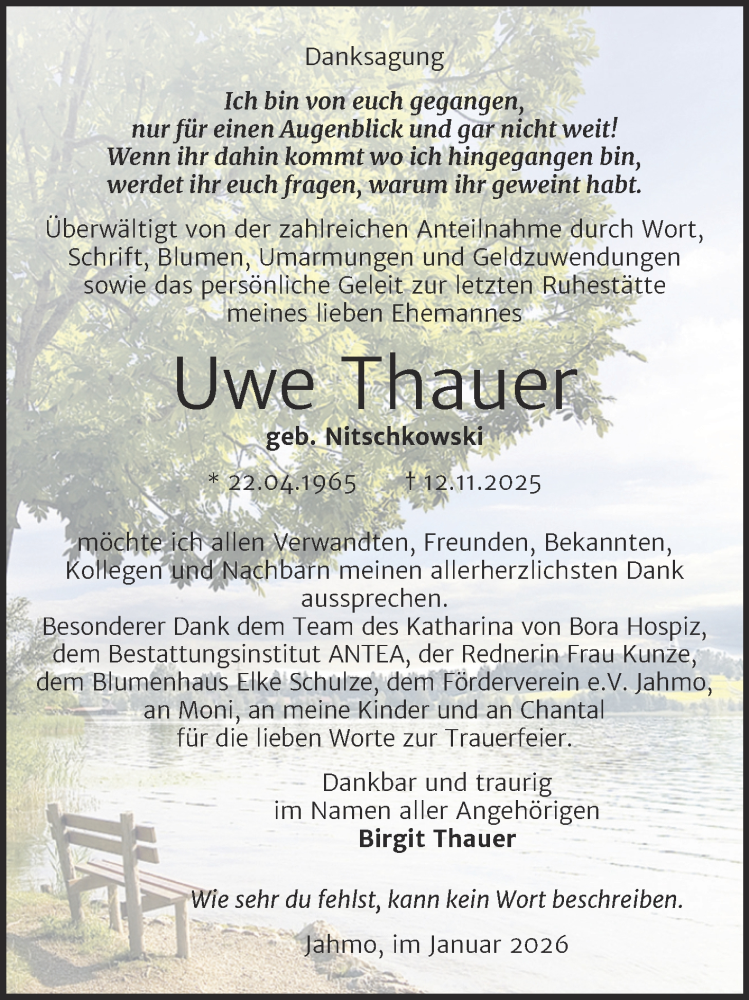  Traueranzeige für Uwe Thauer vom 24.01.2026 aus Trauerkombi Wittenberg