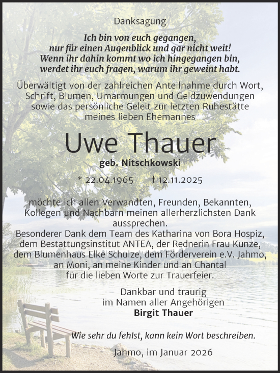 Traueranzeige von Uwe Thauer von Trauerkombi Wittenberg