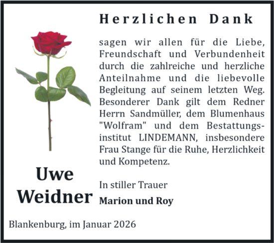 Traueranzeige von Uwe Weidner von Volksstimme Wernigerode