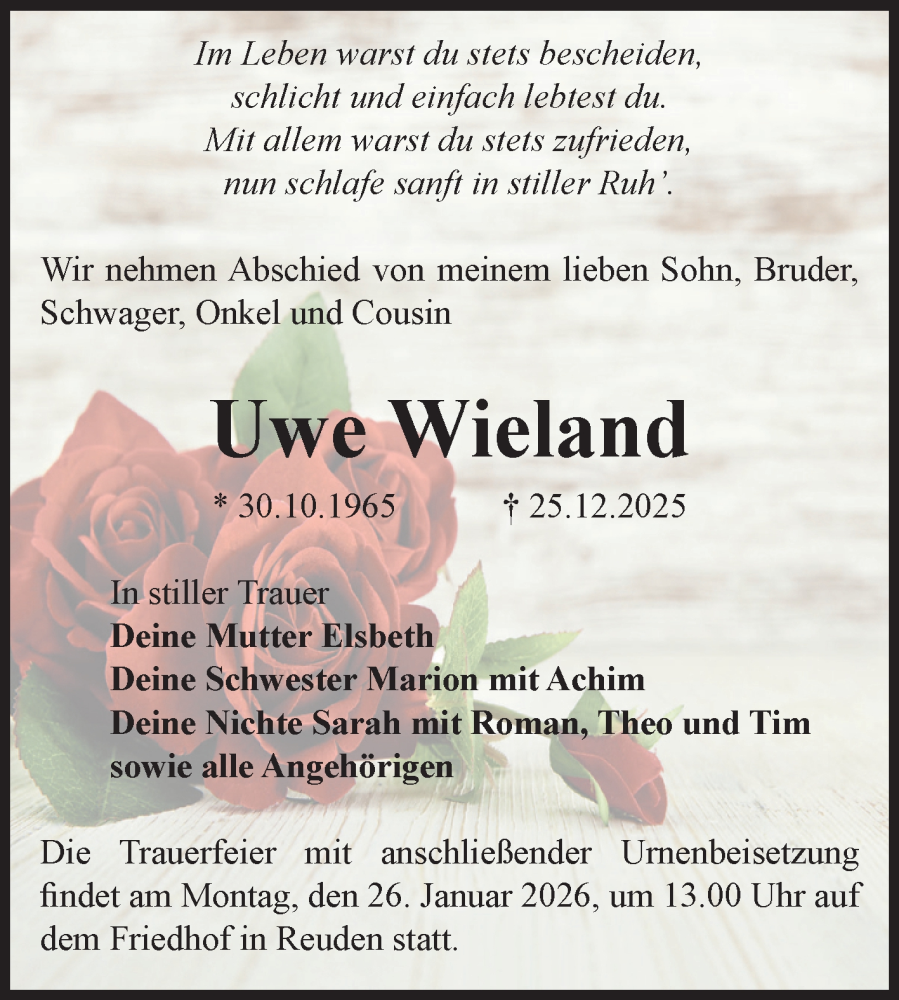  Traueranzeige für Uwe Wieland vom 10.01.2026 aus Volksstimme Zerbst