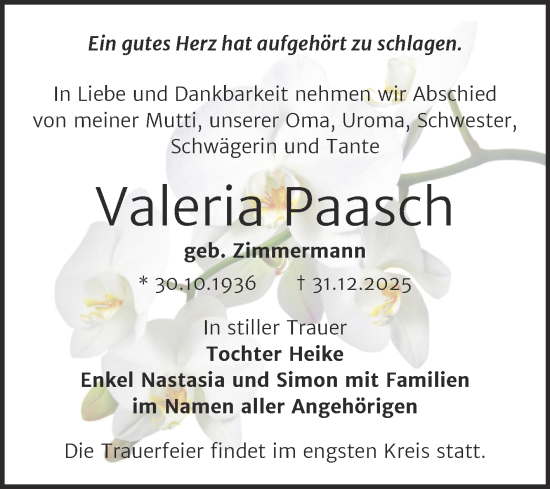 Traueranzeige von Valeria Paasch von Trauerkombi Bernburg