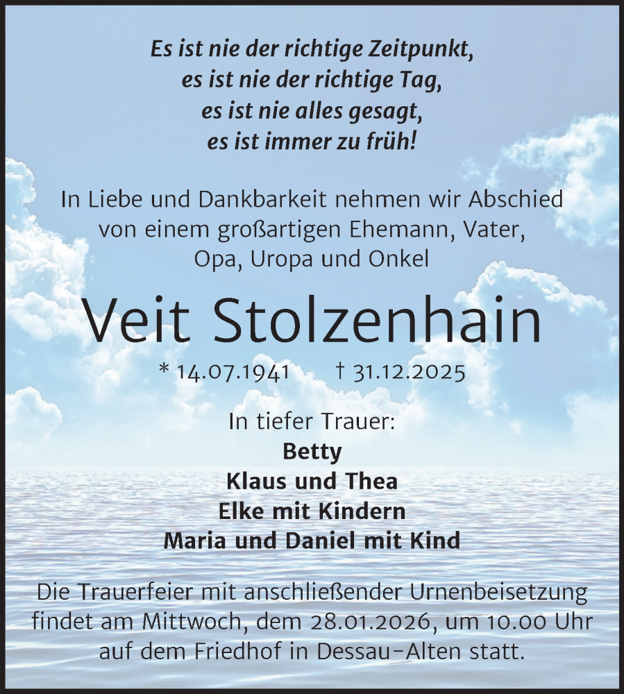  Traueranzeige für Veit Stolzenhain vom 17.01.2026 aus Trauerkombi Dessau