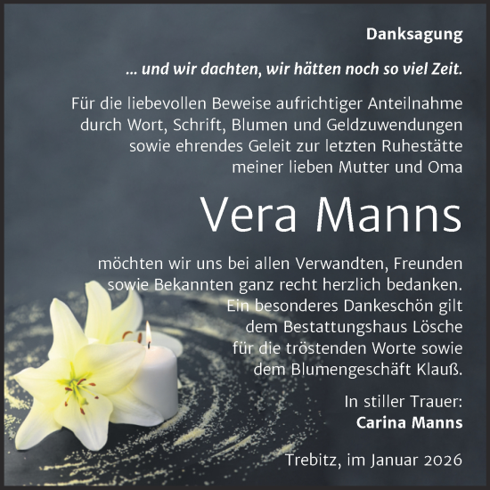 Traueranzeige von Vera Manns von Trauerkombi Wittenberg