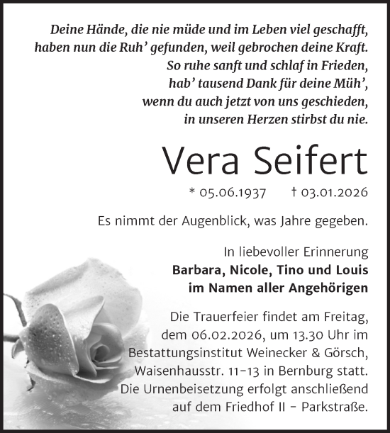 Traueranzeige von Vera Seifert von Trauerkombi Bernburg