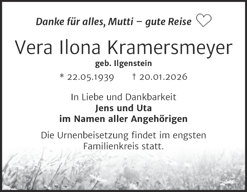  Traueranzeige für Vera Ilona Kramersmeyer vom 24.01.2026 aus Trauerkombi Bernburg