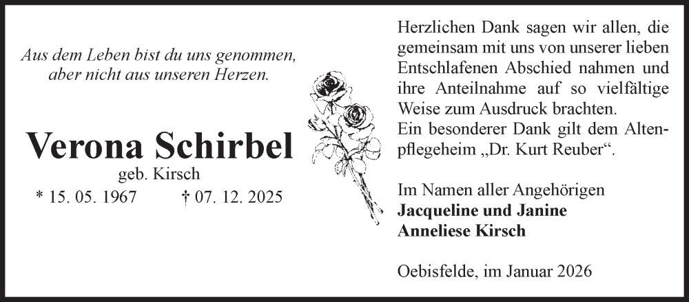  Traueranzeige für Verona Schirbel vom 10.01.2026 aus Volksstimme Altmark West
