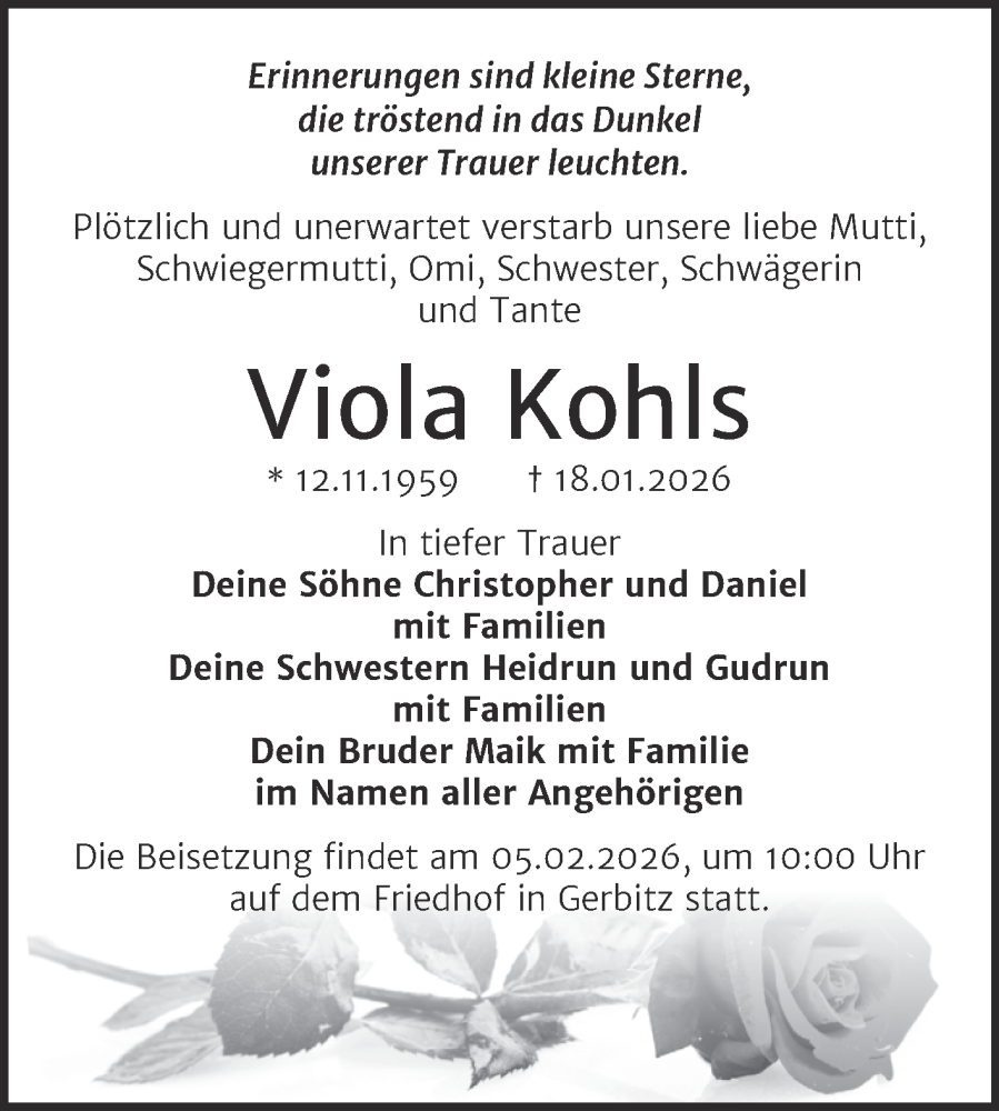  Traueranzeige für Viola Kohls vom 31.01.2026 aus Trauerkombi Bernburg