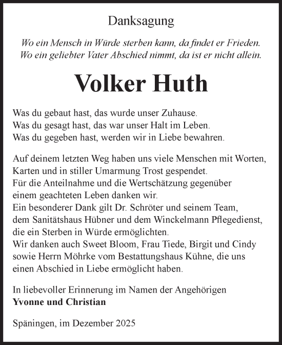 Traueranzeige von Volker Huth von Volksstimme Altmark Ost