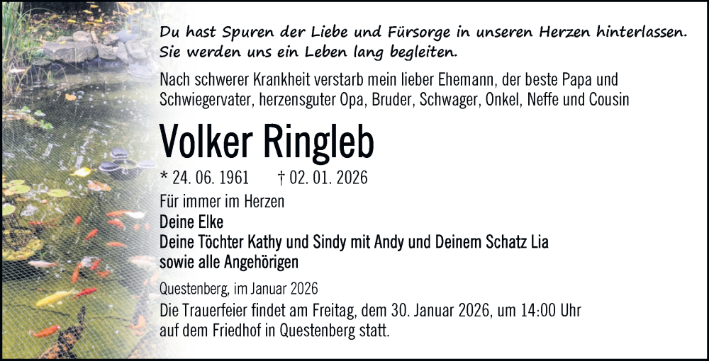  Traueranzeige für Volker Ringleb vom 17.01.2026 aus Trauerkombi Sangerhausen