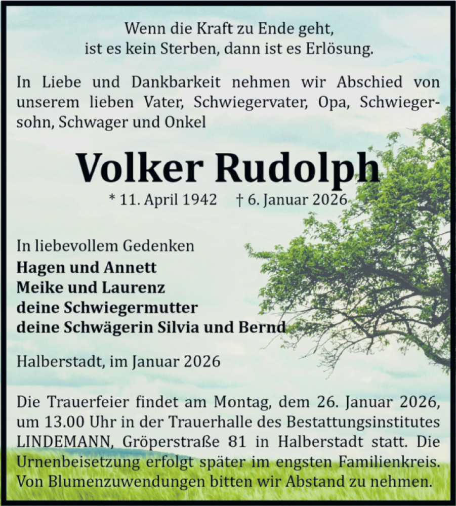  Traueranzeige für Volker Rudolph vom 10.01.2026 aus Volksstimme Halberstadt