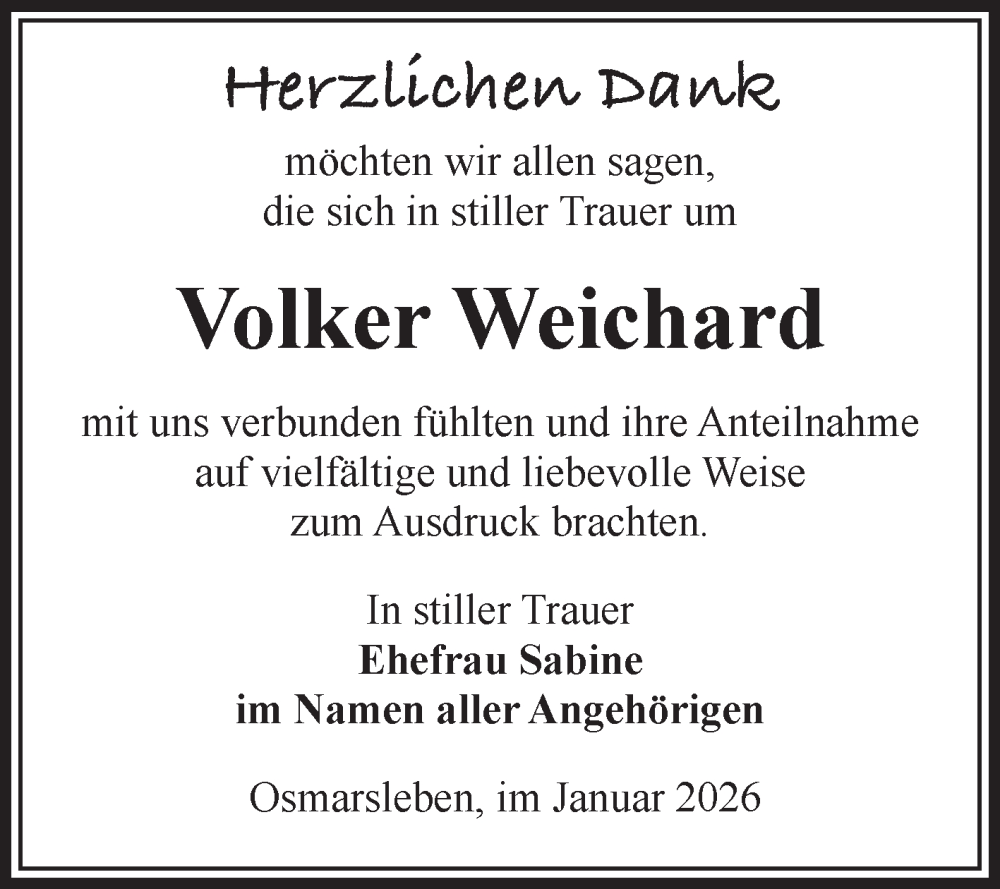  Traueranzeige für Volker Weichard vom 24.01.2026 aus Volksstimme Staßfurt