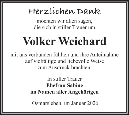 Traueranzeige von Volker Weichard von Volksstimme Staßfurt