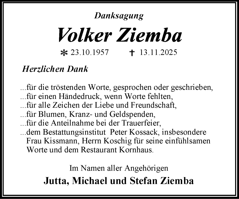  Traueranzeige für Volker Ziemba vom 03.01.2026 aus Trauerkombi Dessau