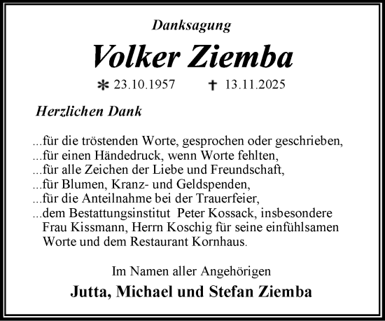 Traueranzeige von Volker Ziemba von Trauerkombi Dessau