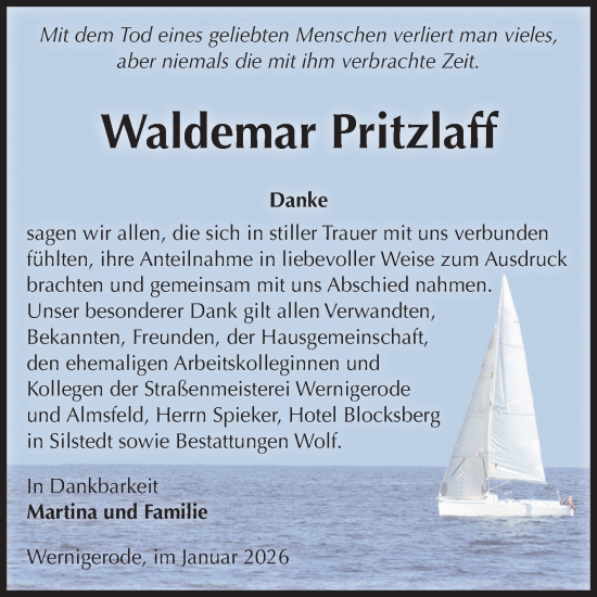 Traueranzeige von Waldemar Pritzlaff von Volksstimme Wernigerode