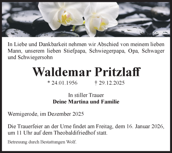 Traueranzeige von Waldemar Pritzlaff von Volksstimme Wernigerode