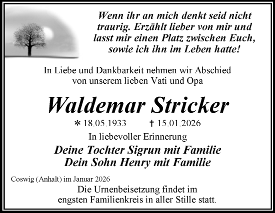 Traueranzeige von Waldemar Stricker von Trauerkombi Wittenberg