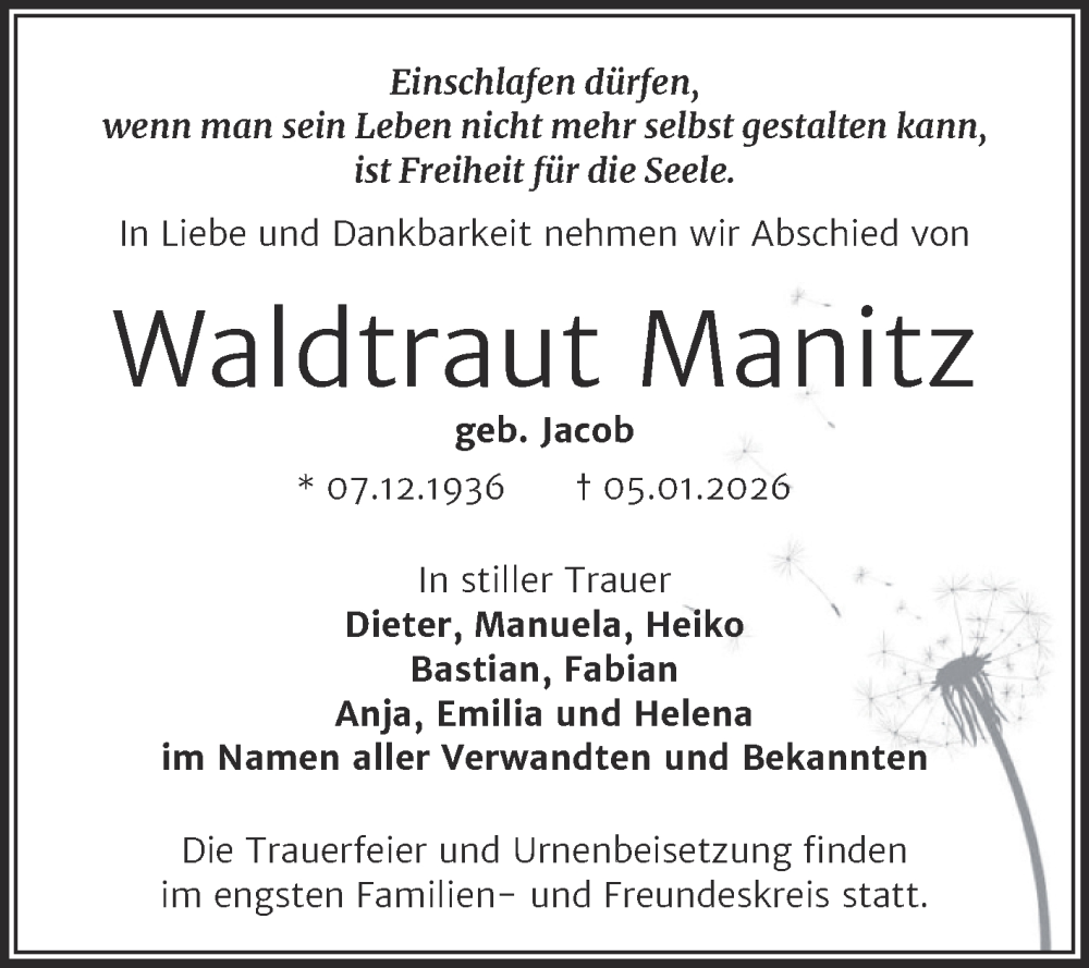  Traueranzeige für Waldtraut Manitz vom 31.01.2026 aus Trauerkombi Dessau