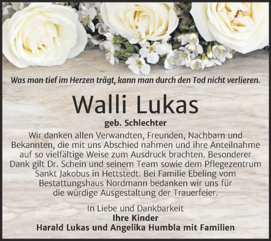 Traueranzeige von Walli Lukas von Trauerkombi Mansfelder Land