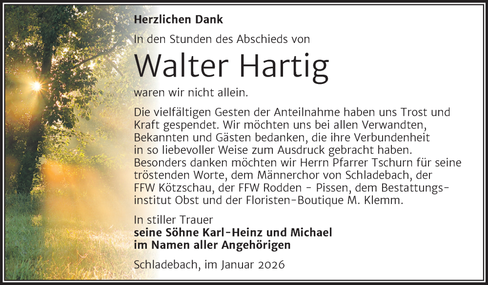  Traueranzeige für Walter Hartig vom 31.01.2026 aus Trauerkombi Merseburg