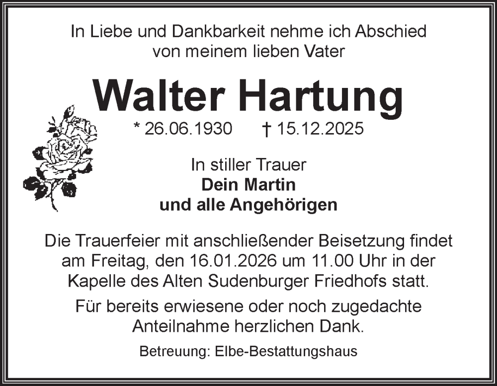  Traueranzeige für Walter Hartung vom 10.01.2026 aus Volksstimme Magdeburg
