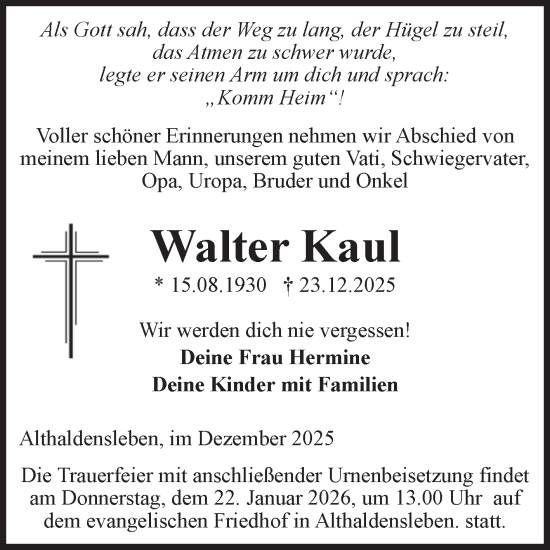 Traueranzeige von Walter Kaul von Volksstimme Haldensleben/Wolmirstedt