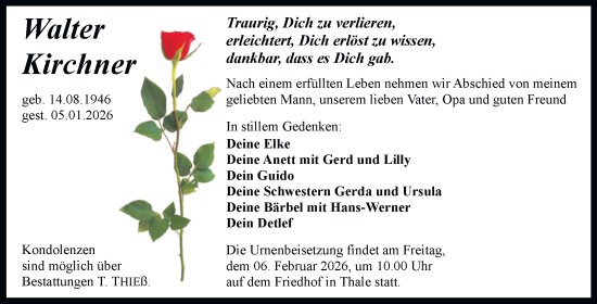 Traueranzeige von Walter Kirchner von Trauerkombi Quedlinburg