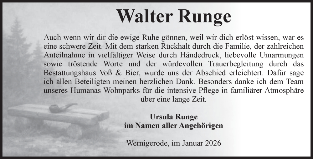  Traueranzeige für Walter Runge vom 17.01.2026 aus Volksstimme Wernigerode