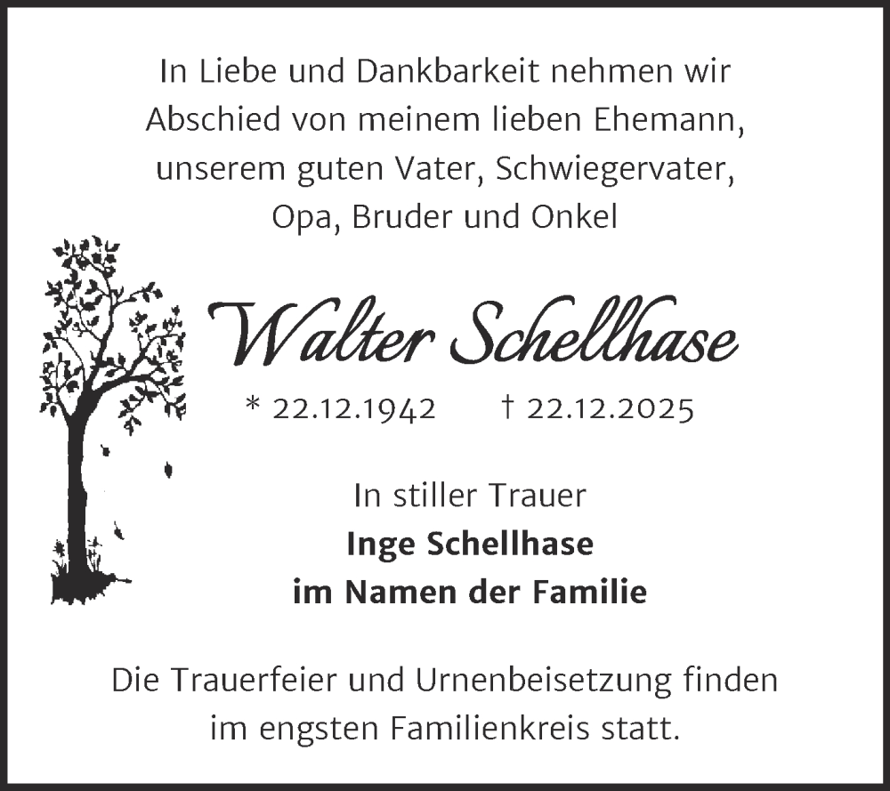  Traueranzeige für Walter Schellhase vom 24.01.2026 aus Trauerkombi Aschersleben