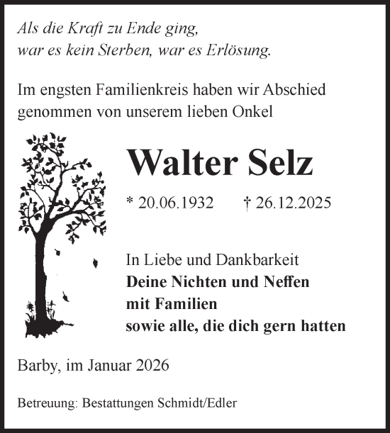 Traueranzeige von Walter Selz von Volksstimme Schönebeck