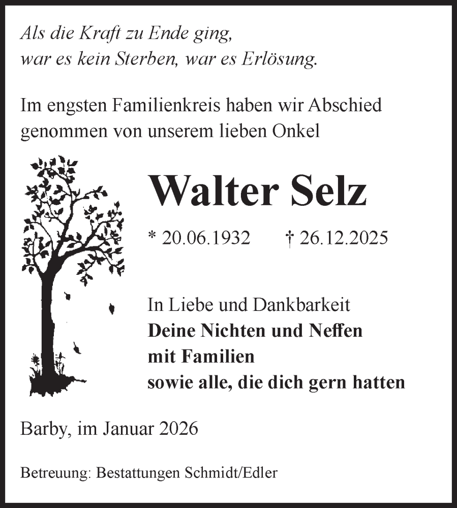  Traueranzeige für Walter Selz vom 17.01.2026 aus Volksstimme Schönebeck